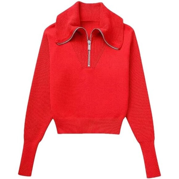 Truth by Republic Women's Red Foldover Zip Neck Long Sleeve Sweater - Picture 1 of 8